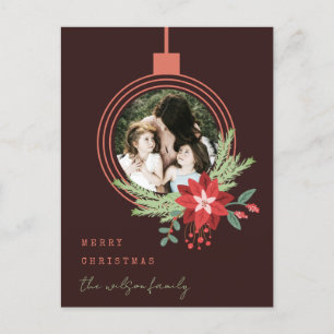 Postal Festiva Foto de ornamento Poinsettia Brown Merry Christmas