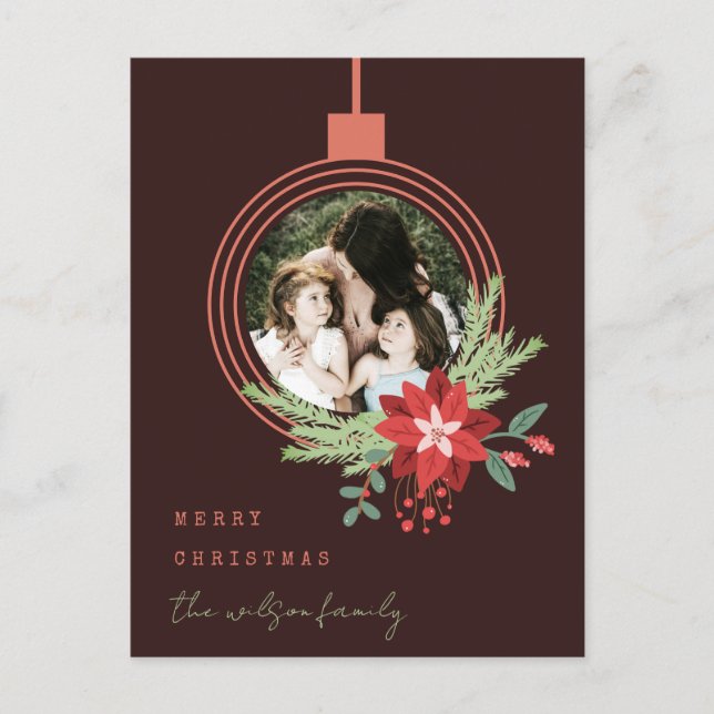 Postal Festiva Foto de ornamento Poinsettia Brown Merry Christmas (Anverso)