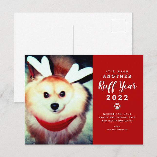 Postal Festiva Foto de perro de Navidades divertidos de Año Ruff  (Anverso / Reverso)