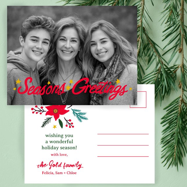 POSTAL FESTIVA FOTO DE PERSONALIZADO DIVIDIDA A MANO (SEASONS GREETINGS Hand-Drawn CUSTOM PHOTO Holiday Postcard
)