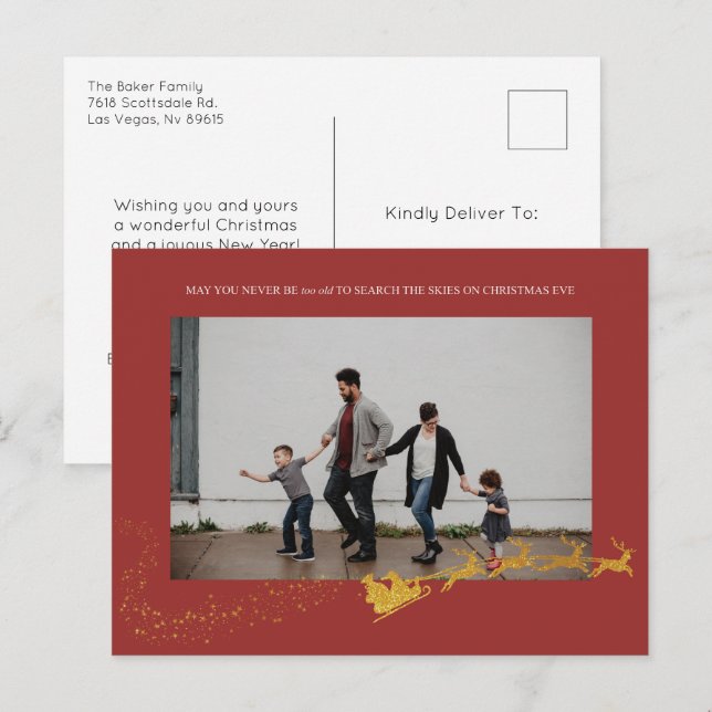 Postal Festiva Foto de Purpurina de oro de Faux Rojo nunca demasi (Anverso / Reverso)