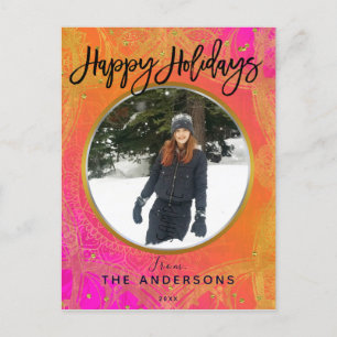 Postal Festiva Foto de vacaciones de Mandala rosa fucsia y naranj