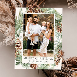 Postal Festiva Foto De Wreath De Pino De Color Acuático Rústico