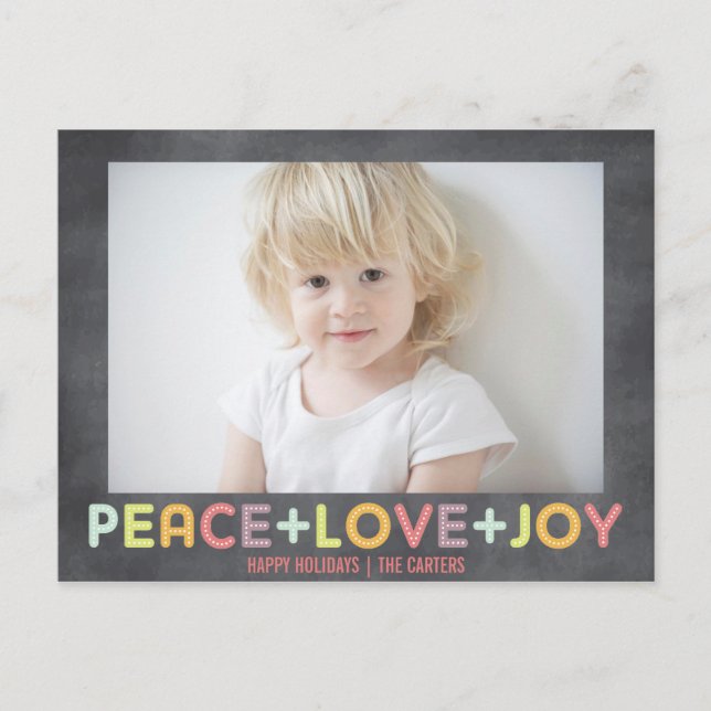 POSTAL FESTIVA FOTO DEL CHALKBOARD PEACE LOVE JOY HOLIDAYS (Anverso)