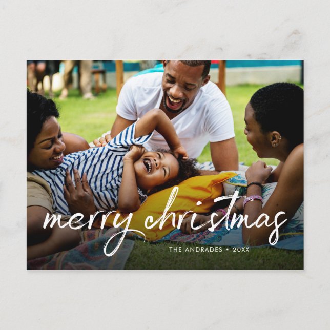 Postal Festiva Foto familiar Merry Christmas Brush Script Casual (Anverso)