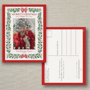 Postal Festiva Foto Familiar Vintage Navidades Rojo Verde