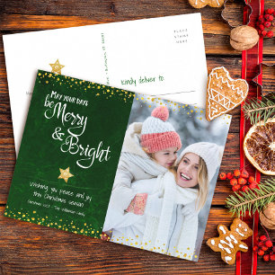 Postal Festiva Foto Green Merry Bright Script Gold Star Purpurina
