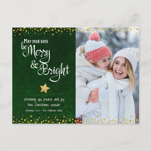 Postal Festiva Foto Green Merry Bright Script Gold Star Purpurina (Anverso)
