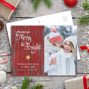 Postal Festiva Foto Merry Bright Script Star Red Rusood