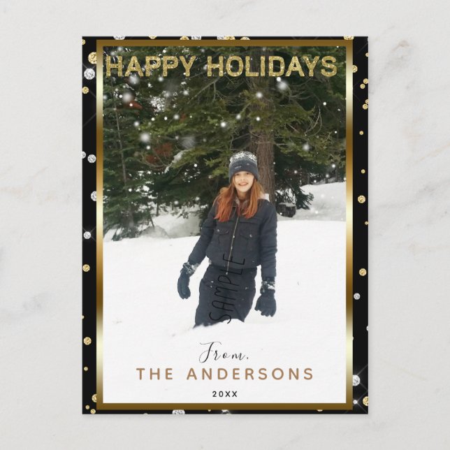 Postal Festiva Foto moderna negra del día de fiesta del purpurina (Anverso)