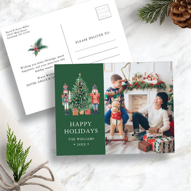 Postal Festiva Foto moderna verde (Green Nutcracker Christmas Photo Holiday Postcard
)