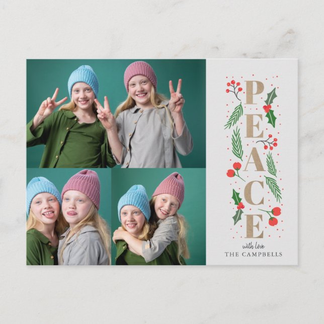 Postal Festiva Foto múltiple de Pine Holly Berries Gold Peace (Anverso)