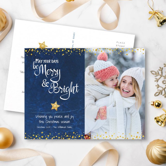 Postal Festiva Foto personalizado Merry Bright Script Gold Star B (Subido por el creador)