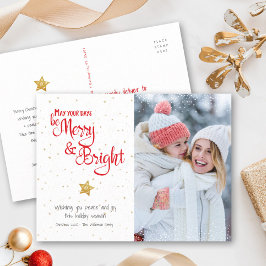 Postal Festiva Foto personalizado Merry Bright Script Gold Star R