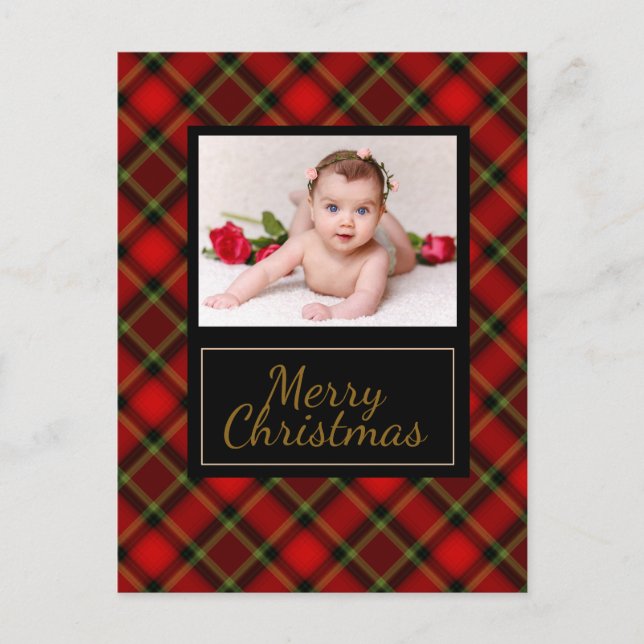 Postal Festiva Foto Rustic Plaid Merry Christmas (Anverso)