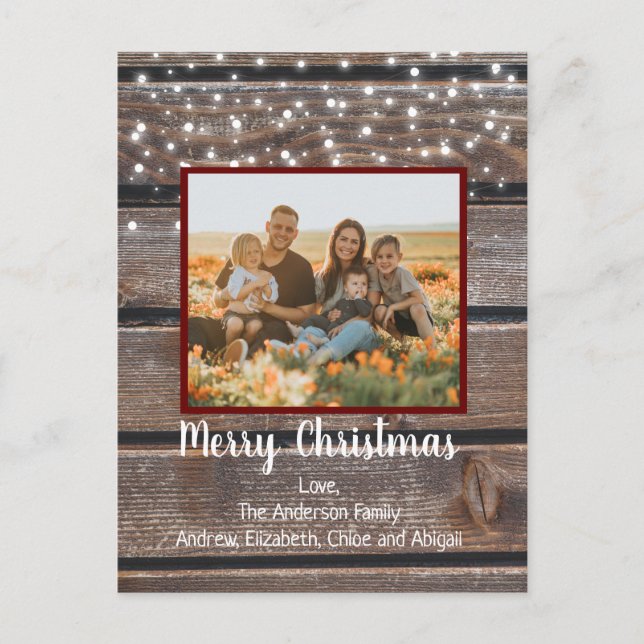 Postal Festiva Foto Rustic Wood String ilumina a Navidades (Anverso)