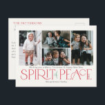 Postal Festiva Foto simple Paz Verde Rojo<br><div class="desc">Estas simples tarjetas postales de felicitación con fotos de festividades incluyen el saludo, "Deseándote una Feliz Navidad y un Feliz Año Nuevo", junto con el saludo, "Espíritu de paz", en grandes letras rojas y verdes sobre un fondo de marfil con marcadores de posición para agregar cuatro de tus fotos favoritas,...</div>