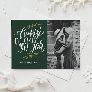 Postal Festiva Fotografía de Año Nuevo con Caligrafía Verde y Cor