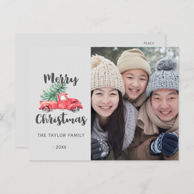 Postal Festiva Fotografía de Camión Rojo y Navidades de Árbol (Anverso / Reverso)