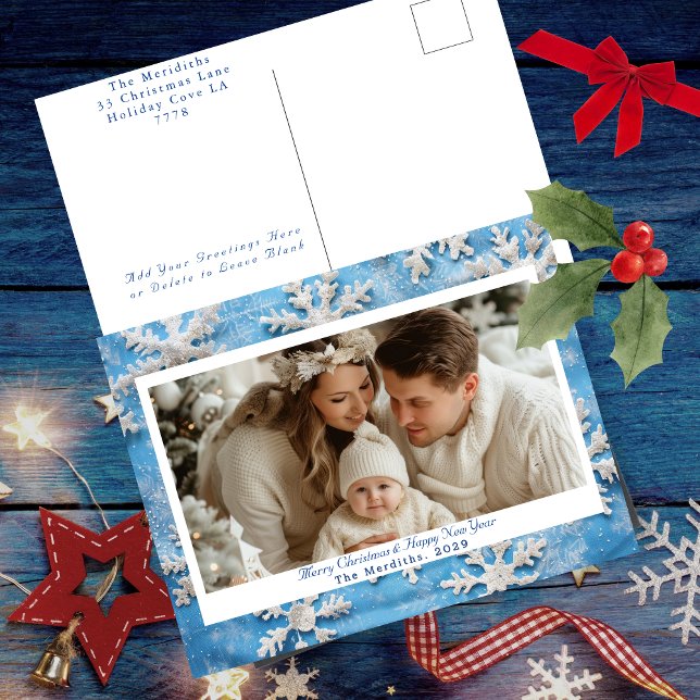 Postal Festiva Fotografía de Navidades de copos de nieve azul (Blue And White Christmas Snowflake Greeting Post Card )
