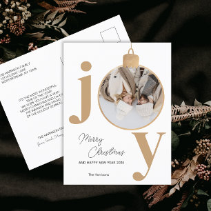 Postal Festiva Fotografía JOY Navidades blancos agarrando la tarj