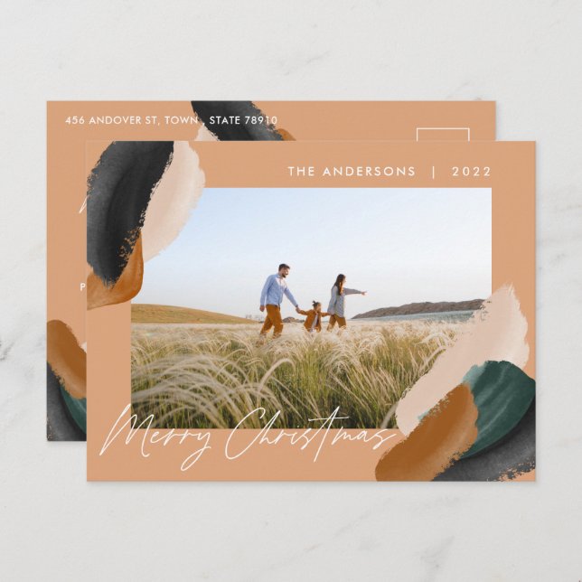 Postal Festiva Fotomoderna minimalista en acuarela terracota verd (Anverso / Reverso)