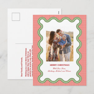 Postal Festiva Fotomontaje de Cuadros Rojos con Borde Verde Ondul