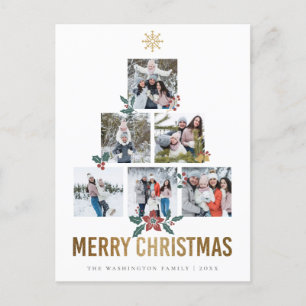 Postal Festiva Fotos de la familia Gold Purpurina Merry Christmas