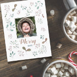 Postal Festiva Fotos de Navidades de Merry Winter Woodland<br><div class="desc">Añade tu foto cuadrada a este caprichoso diseño de bosques de invierno lleno de ramas de berry y hojas para una simple y rústica postal de vacaciones para Navidades. El texto en la parte delantera dice: "Feliz" con el año. Al revés, "Los deseos más cálidos para una maravillosa temporada de...</div>