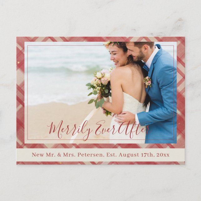 Postal Festiva Fotos de recién casados después de Navidades rojos (Anverso)