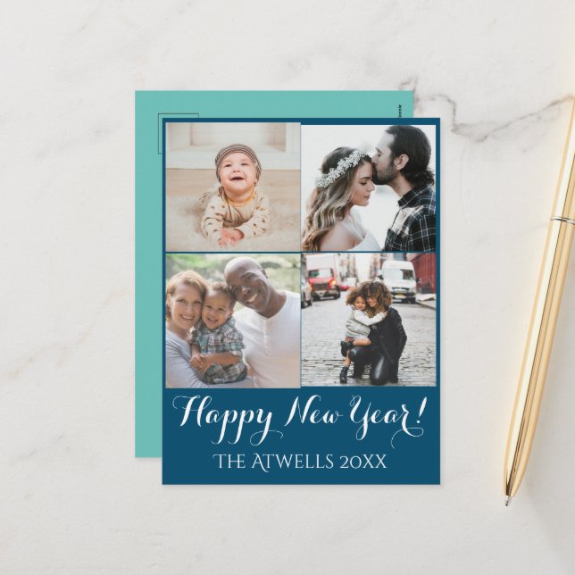 Postal Festiva Fotos de vacaciones Feliz Año Nuevo Azul (Anverso/Reverso In Situ)