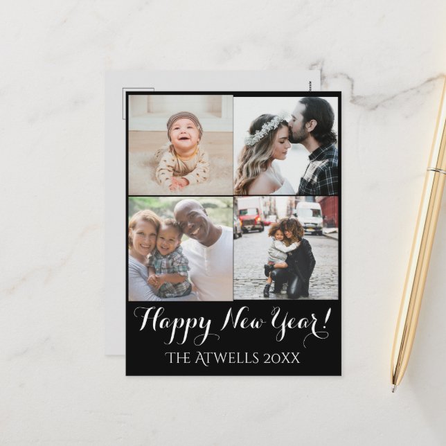Postal Festiva Fotos de vacaciones Feliz Año Nuevo Familia Negro (Anverso/Reverso In Situ)