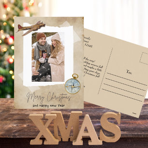Postal Festiva Fotos navideñas de Feliz,Avión de Vintage y brújul