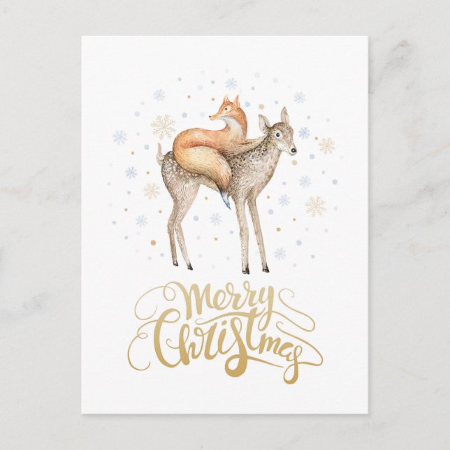 Postal Festiva Fox Deer Winter Snow Merry Christmas (Anverso)