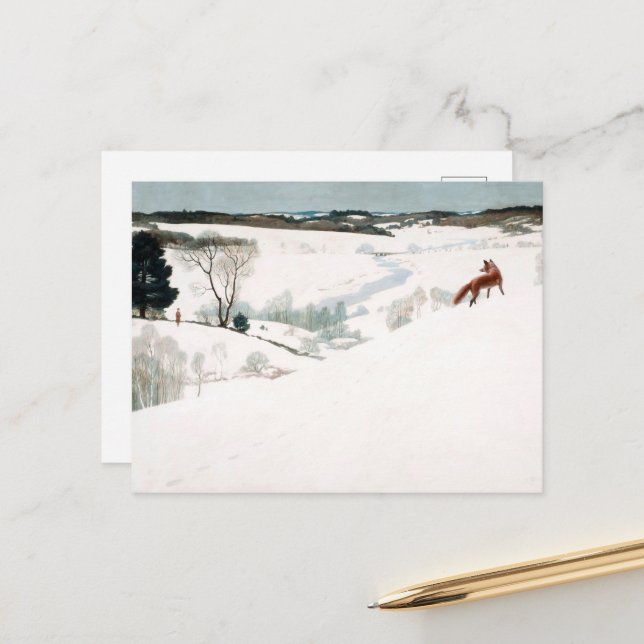 Postal Festiva Fox en la Nieve de Newell Convers Wyeth (Anverso/Reverso In Situ)