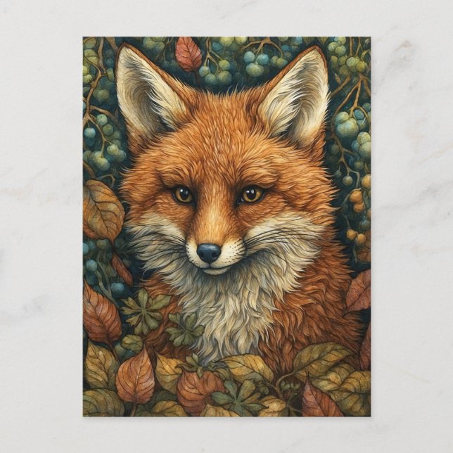 Postal Festiva Fox en un bosque otoñal de ensueño y capricho (Anverso)