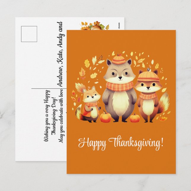 Postal Festiva Fox Family Pumpkins Happy Thankending (Anverso / Reverso)