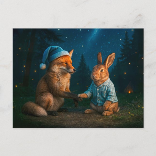 Postal Festiva Fox y Hare dicen buenas noches en el bosque (Anverso)