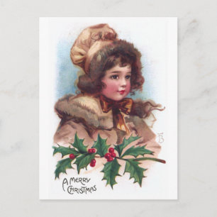 Postal Festiva Frances Brundage: Chica de invierno con Holly