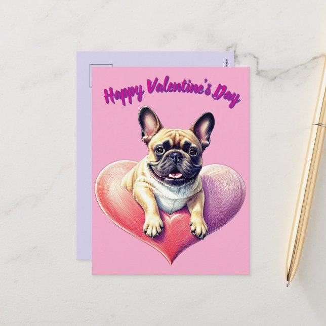 Postal Festiva Französische Bulldogge Herz Valentinstags  (Anverso/Reverso In Situ)
