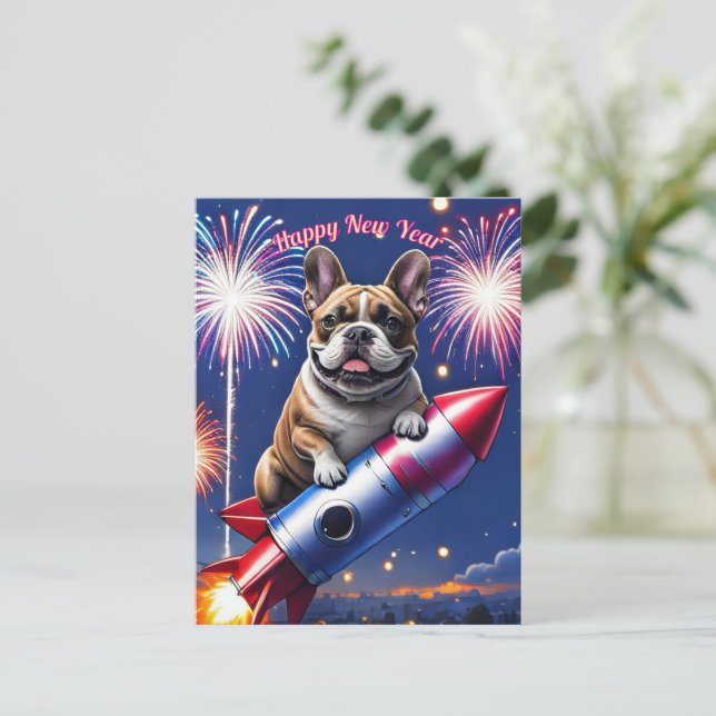Postal Festiva Französische Bulldogge Neujahr lustig Rakete (Anverso de pie)