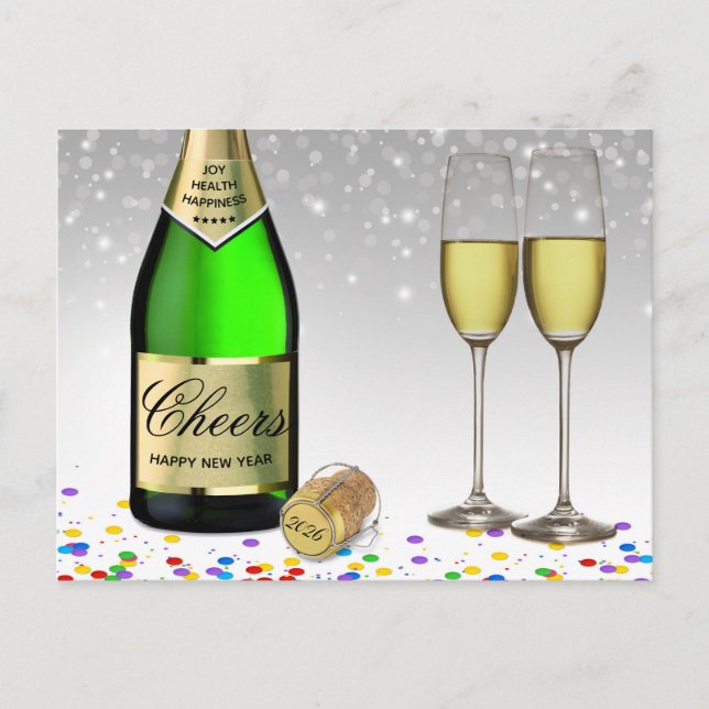 Postal Festiva Frasco de vino esparcido Feliz Año Nuevo 2025 (Anverso)