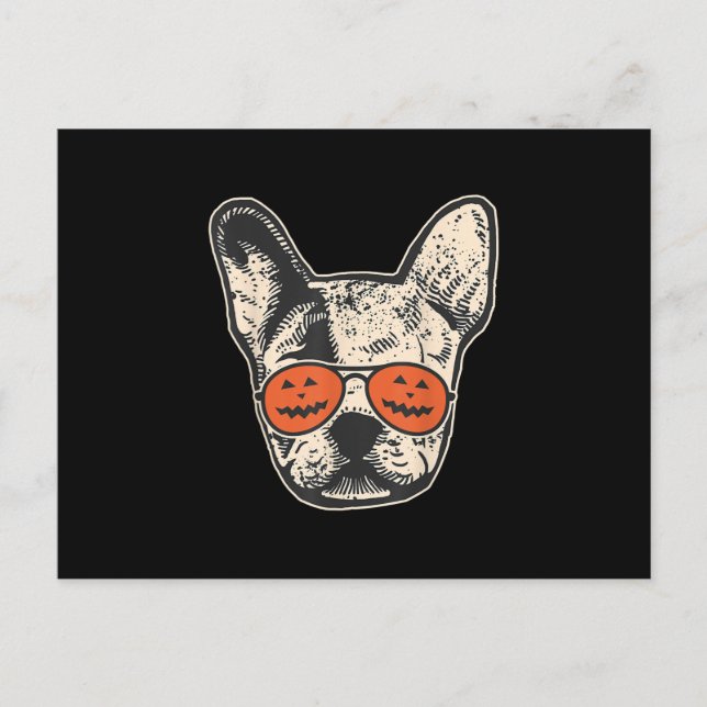 Postal Festiva Frenchie con gafas de sol de calabaza Halloween Bu (Anverso)