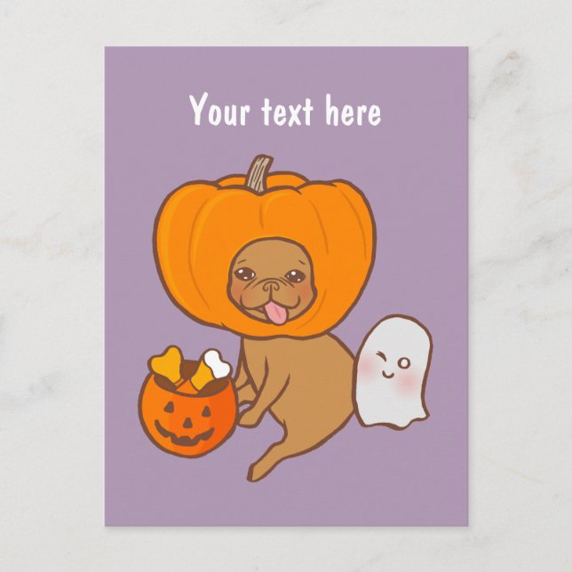 Postal Festiva Frenchie disfrazado para la fiesta de Halloween (Anverso)