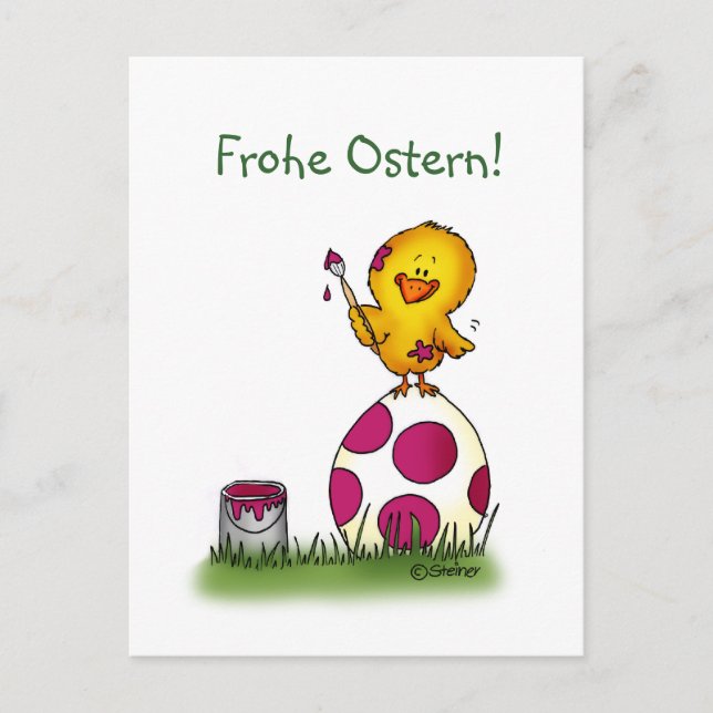 Postal Festiva Frohe Ostern - polluelo y huevo de Pascua alemanes (Anverso)