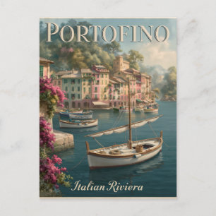 Postal Festiva Frontal colorido y barcos en Portofino, Italia
