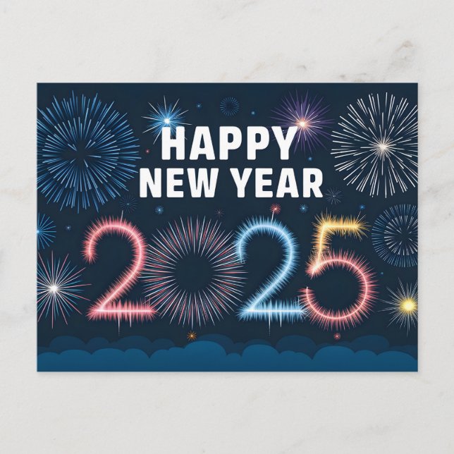 Postal Festiva Fuegos artificiales Feliz Año Nuevo 2025 (Anverso)