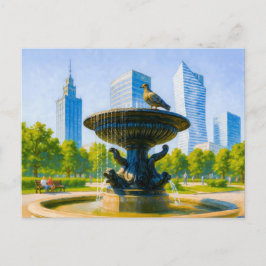 Postal Festiva Fuente en el centro de Varsovia - pintura al óleo 