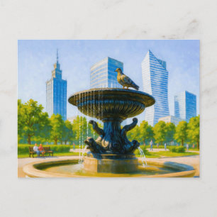 Postal Festiva Fuente en el centro de Varsovia - pintura al óleo