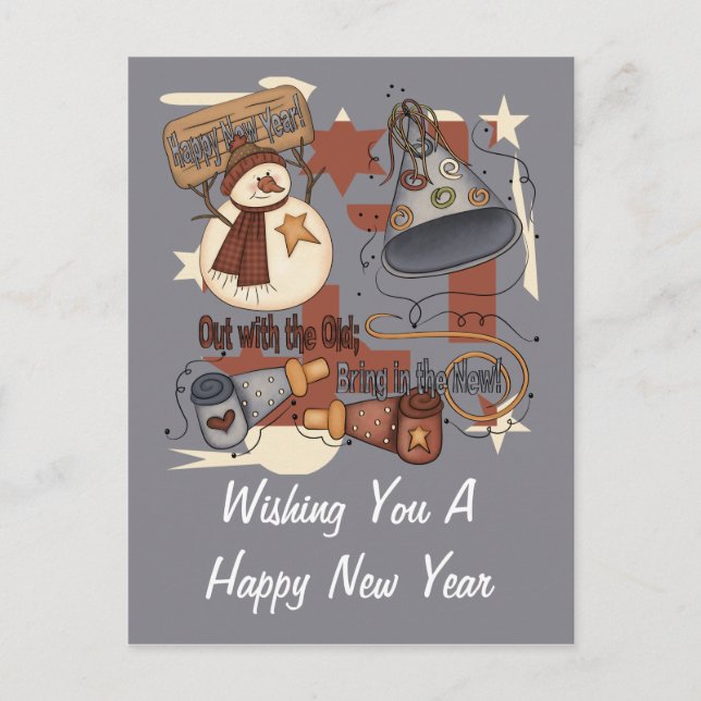 Postal Festiva Fuera con el viejo Traer al nuevo (Anverso)